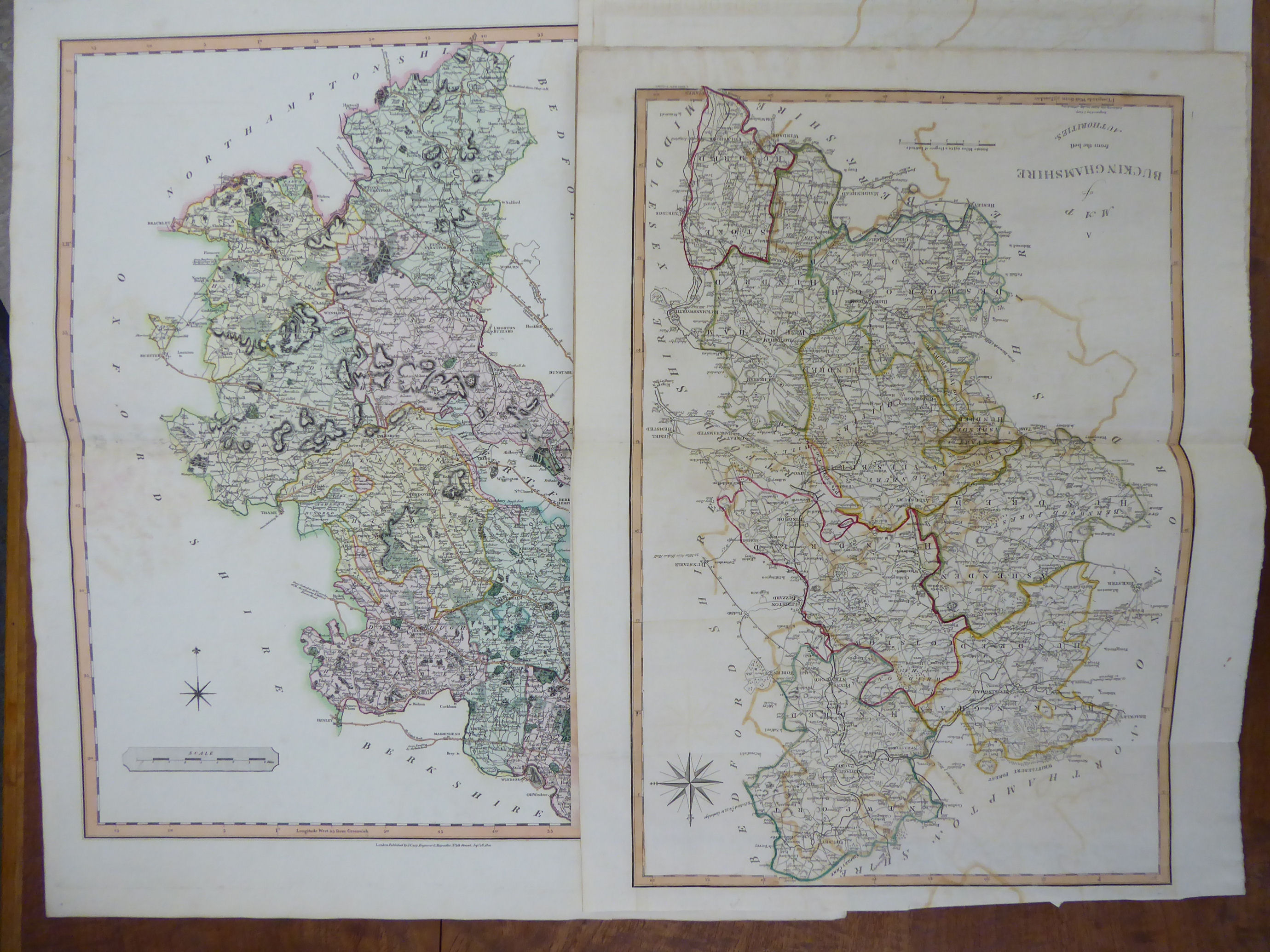 Three early 19thC John Cary coloured county maps, viz. Buckinghamshire & Bedfordshire 20'' x 15.