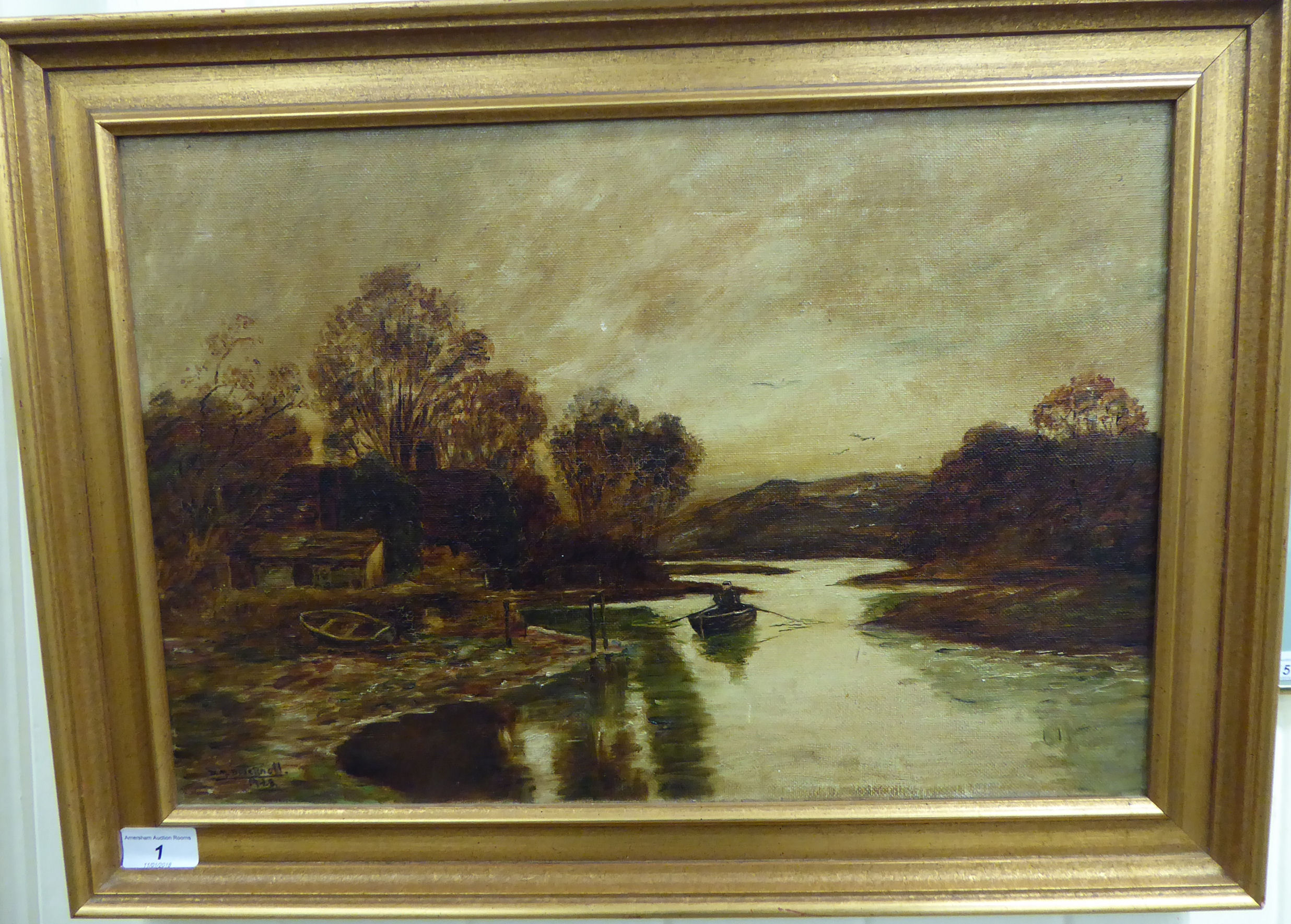 DM Bricknell - a landscape with a rowing boat on a lake with woodland beyond oil on canvas bears