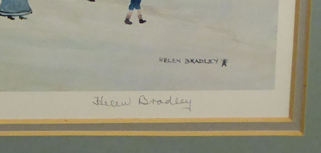 Helen Bradley - a winter scene with a family and two dogs in a field coloured print bears a - Image 2 of 2