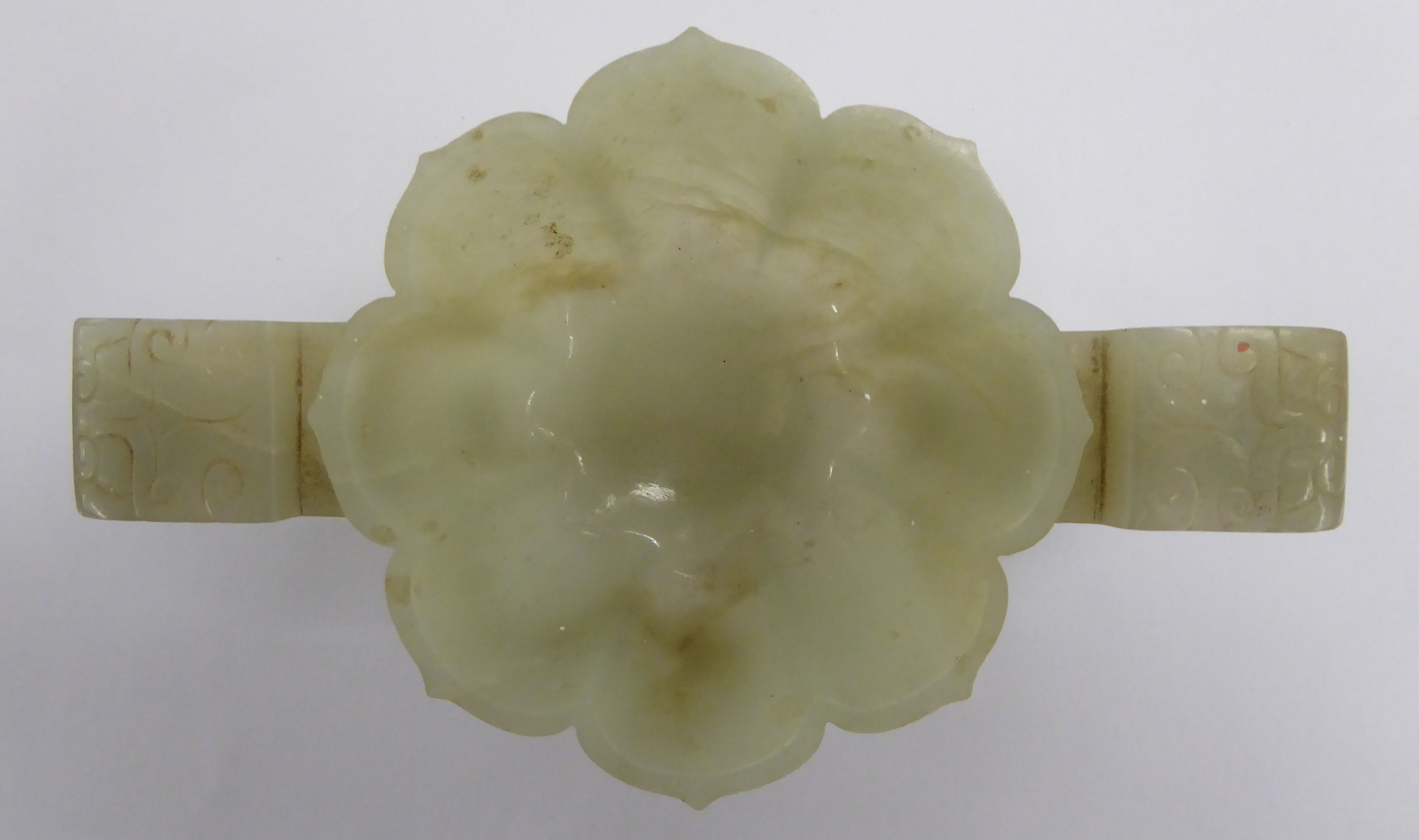 A modern carved jade libation cup with opposing C-scroll handles and engraved ornament 3''dia - Image 2 of 7