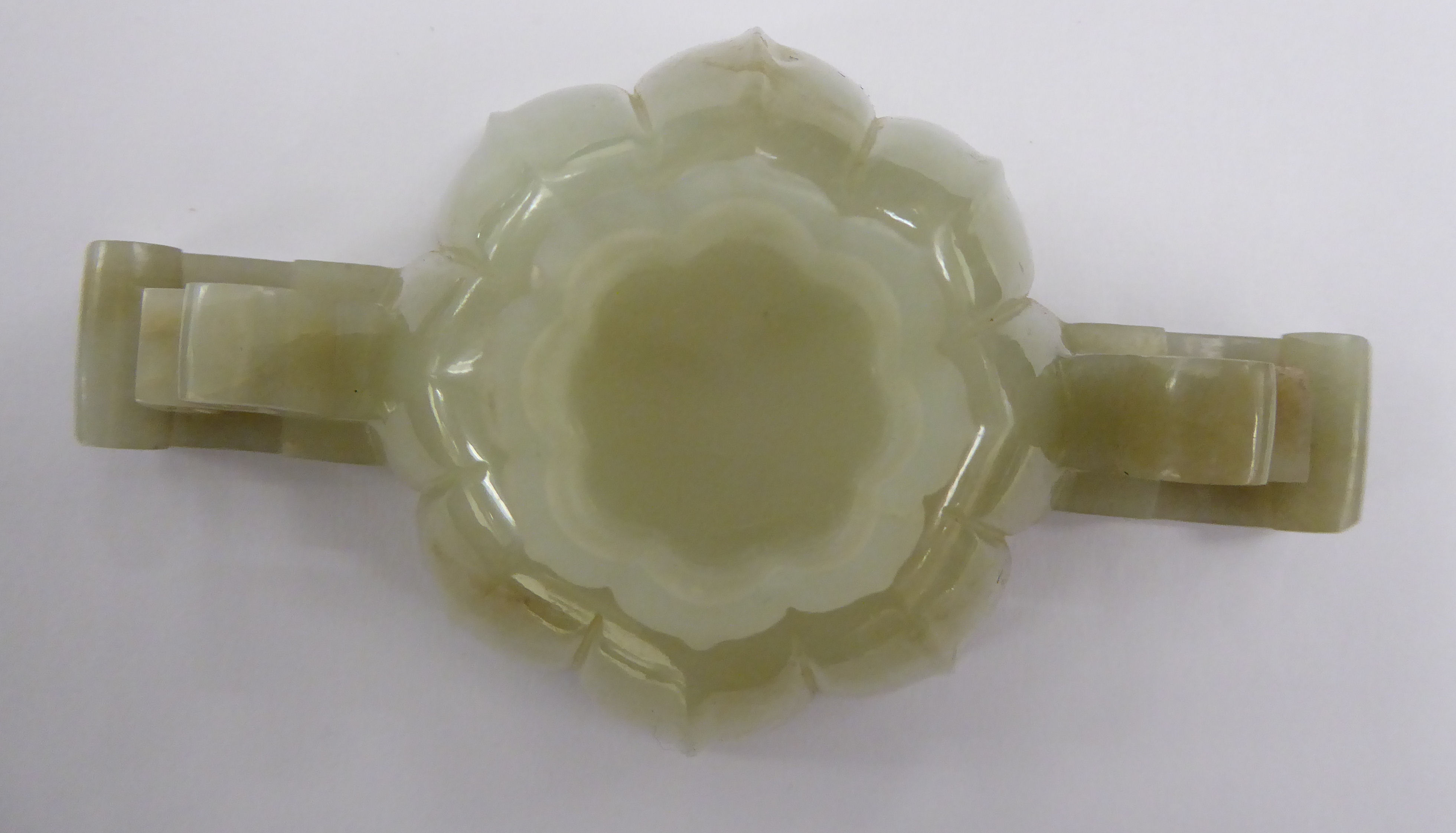 A modern carved jade libation cup with opposing C-scroll handles and engraved ornament 3''dia - Image 5 of 7