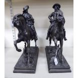 A pair of late 19th/early 20thC cast spelter figures, Cavaliers on horseback,