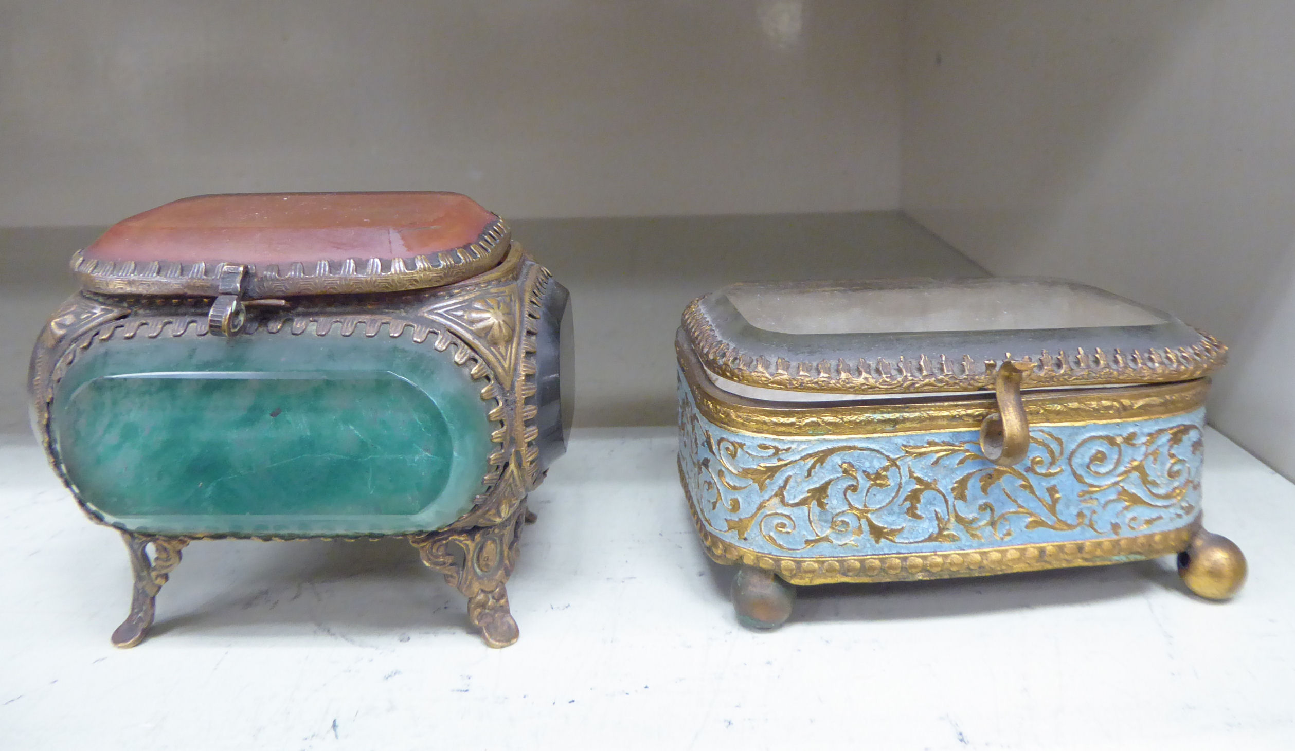 Two dissimilar late 19th/early 20thC Continental ring caskets with cut glass panels OS2