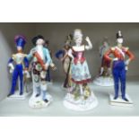 Porcelain figures: to include a 19thC Chelsea design figure, a parasol salesman 8.