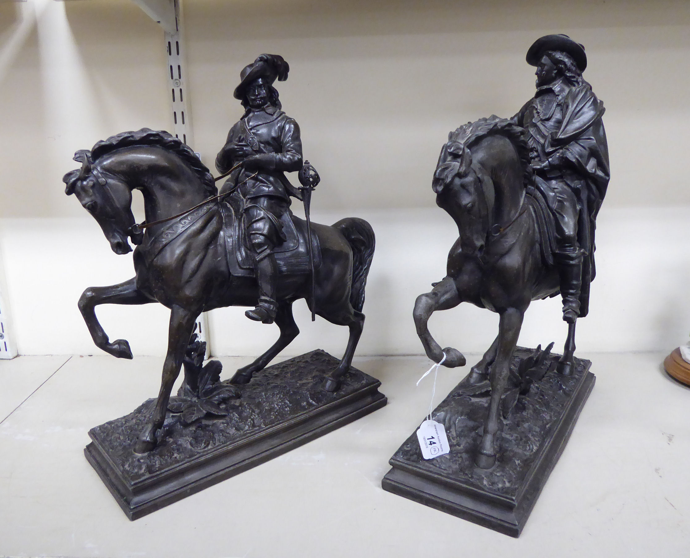 A pair of late 19th/early 20thC cast spelter figures, Cavaliers on horseback, - Image 2 of 2