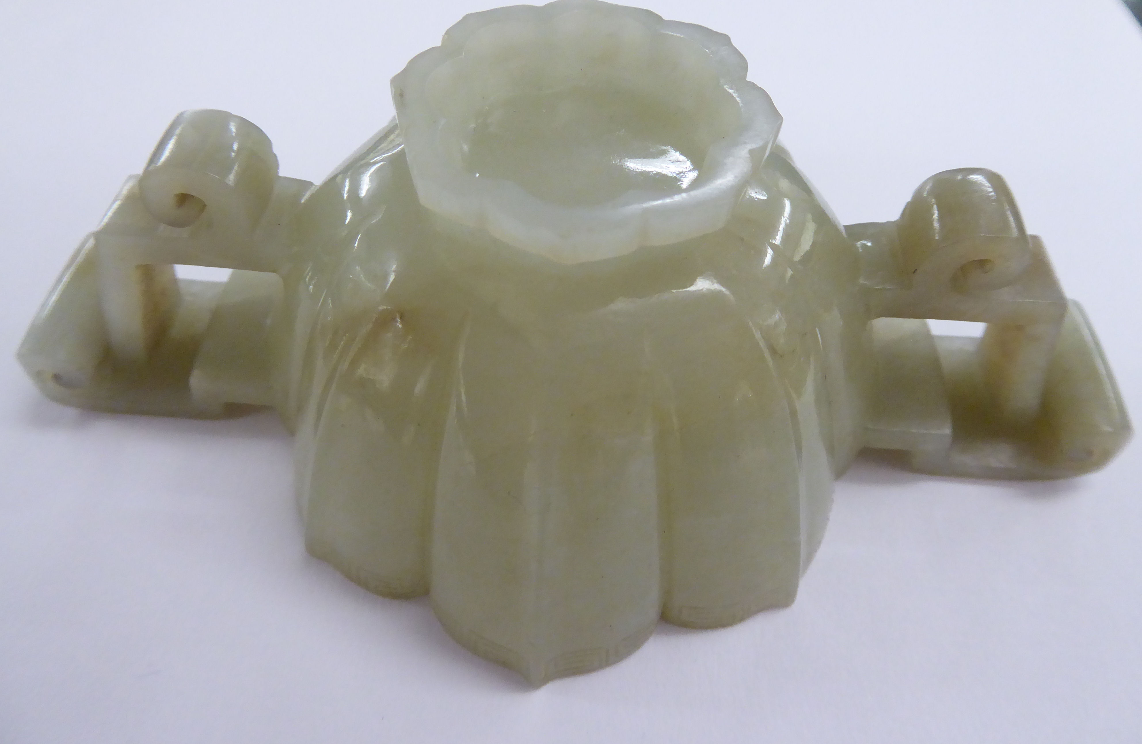 A modern carved jade libation cup with opposing C-scroll handles and engraved ornament 3''dia - Image 6 of 7