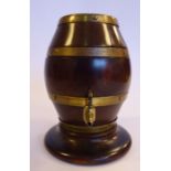 A 19thC treen barrel design string dispenser with brass bands,