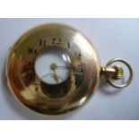 A 9ct gold cased half hunter pocket watch with engine turned ornament and engraved Arabic numerals