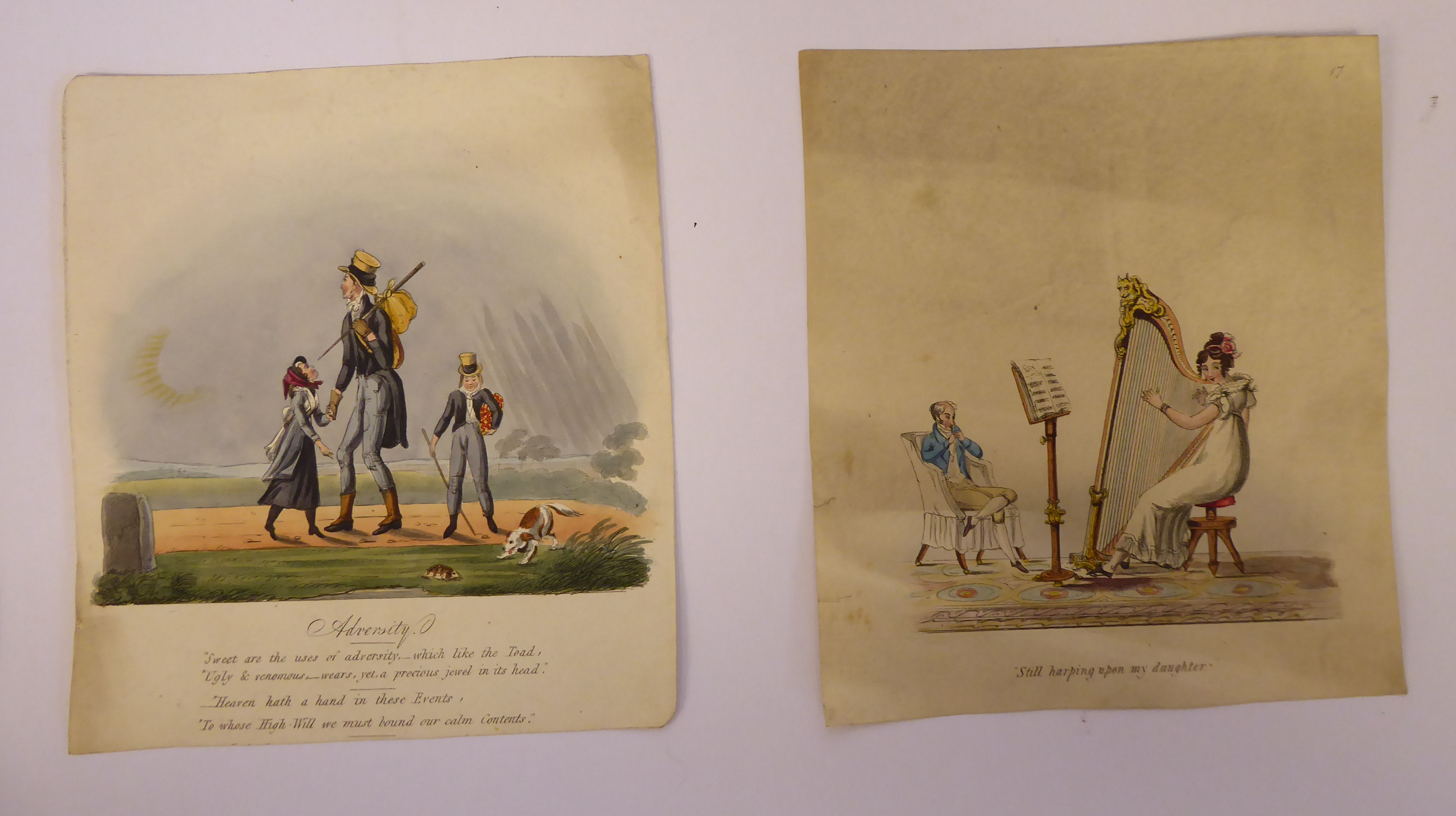 An uncollated folio collection of late 18th/mid 19thC coloured engravings, featuring cartoons, - Image 5 of 8