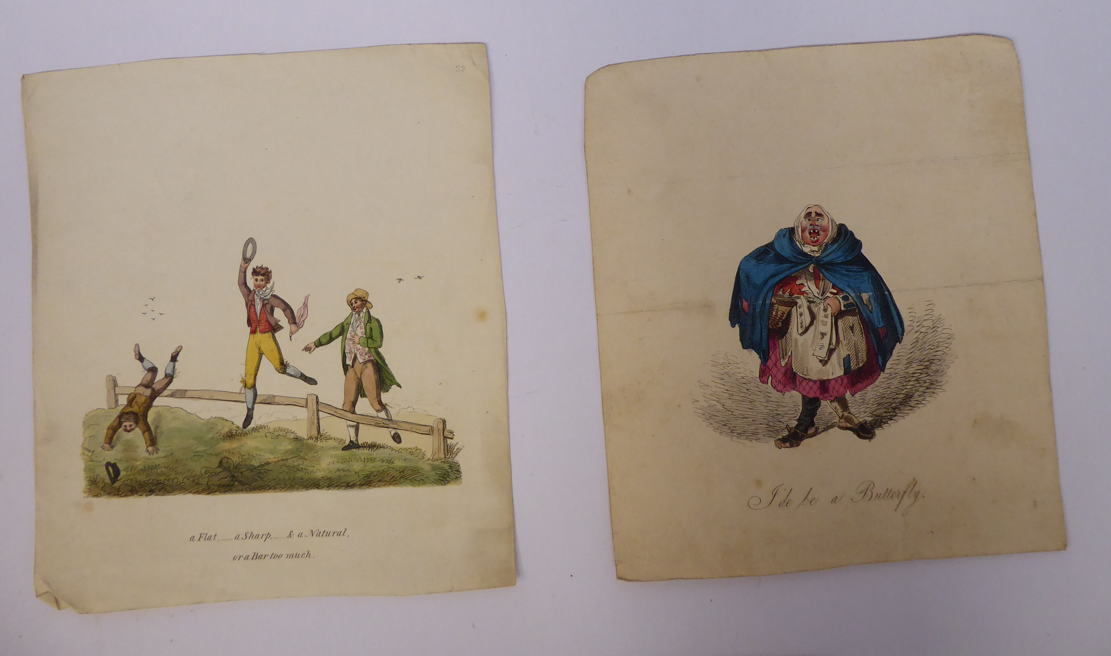 An uncollated folio collection of late 18th/mid 19thC coloured engravings, featuring cartoons, - Image 3 of 8