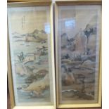 A pair of early 20thC Chinese paintings on silk panels, depicting shoreline scenes with small boats,