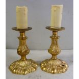 A pair of 20thC foliate cast gilt metal candlestick style table lamps with wide drip-pans 6''h