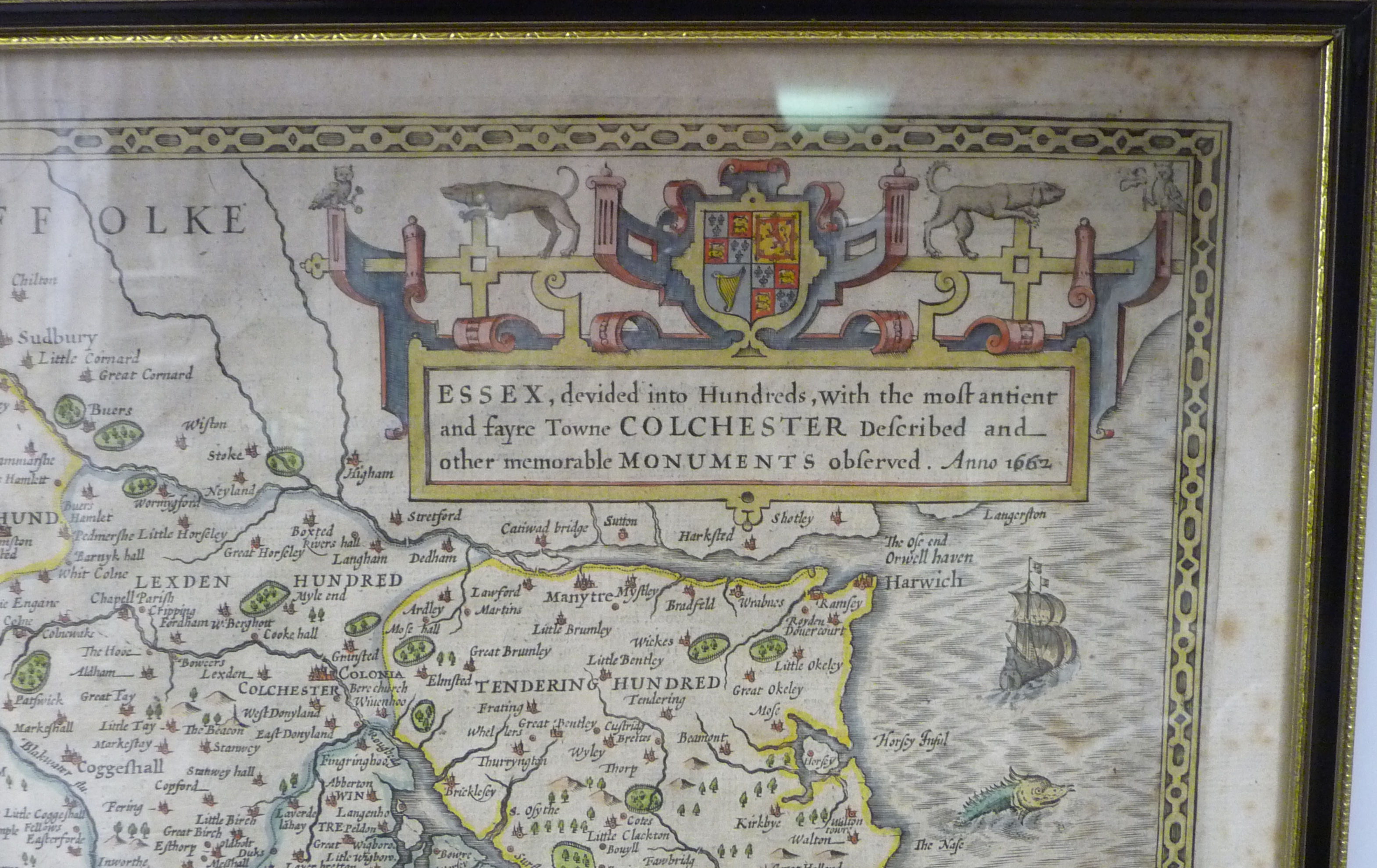 A 17thC John Speed coloured county map 'Essex' incorporating a title cartouche, a scale, - Image 3 of 6