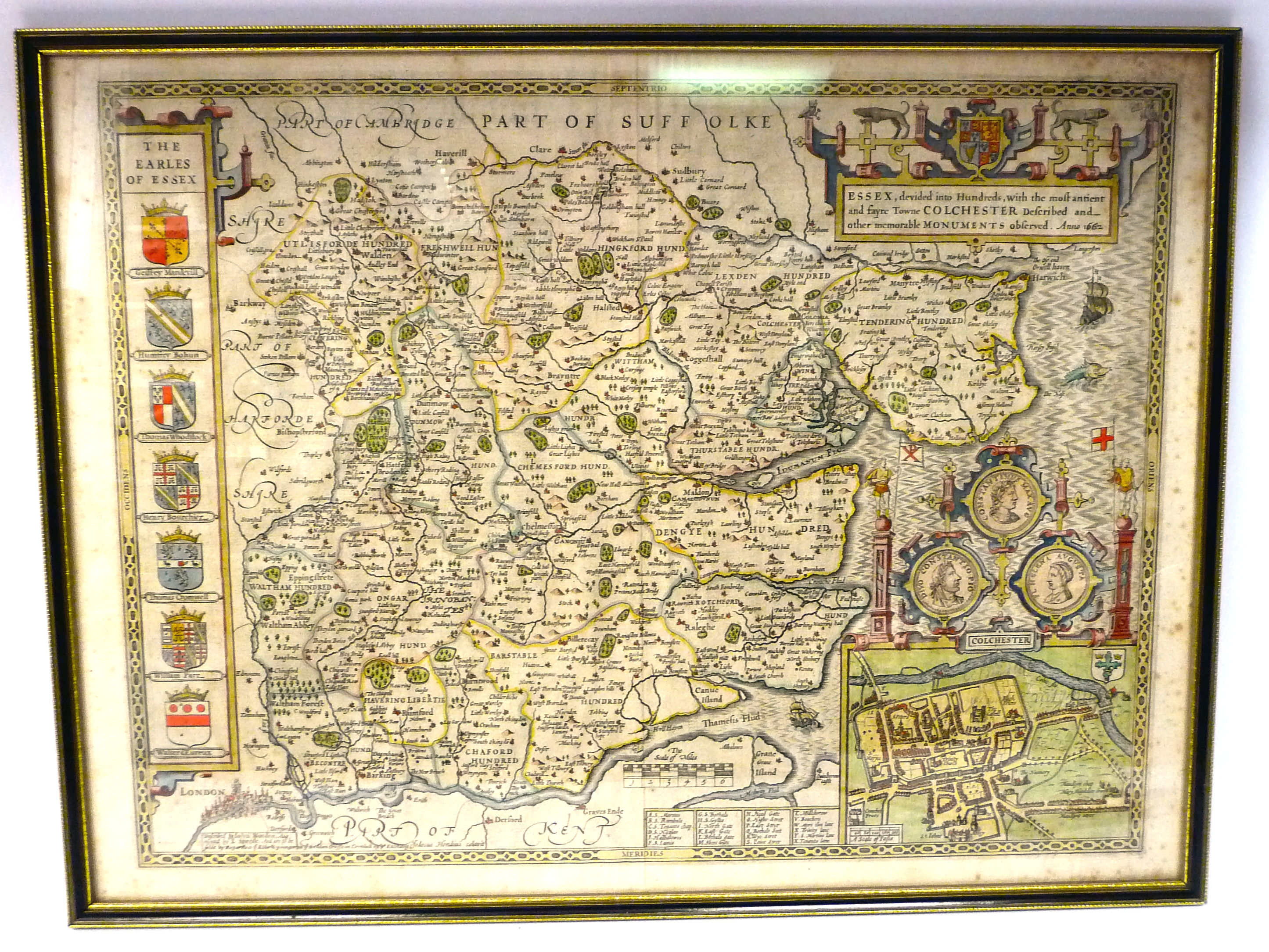 A 17thC John Speed coloured county map 'Essex' incorporating a title cartouche, a scale,