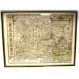 A 17thC John Speed coloured county map 'Essex' incorporating a title cartouche, a scale,