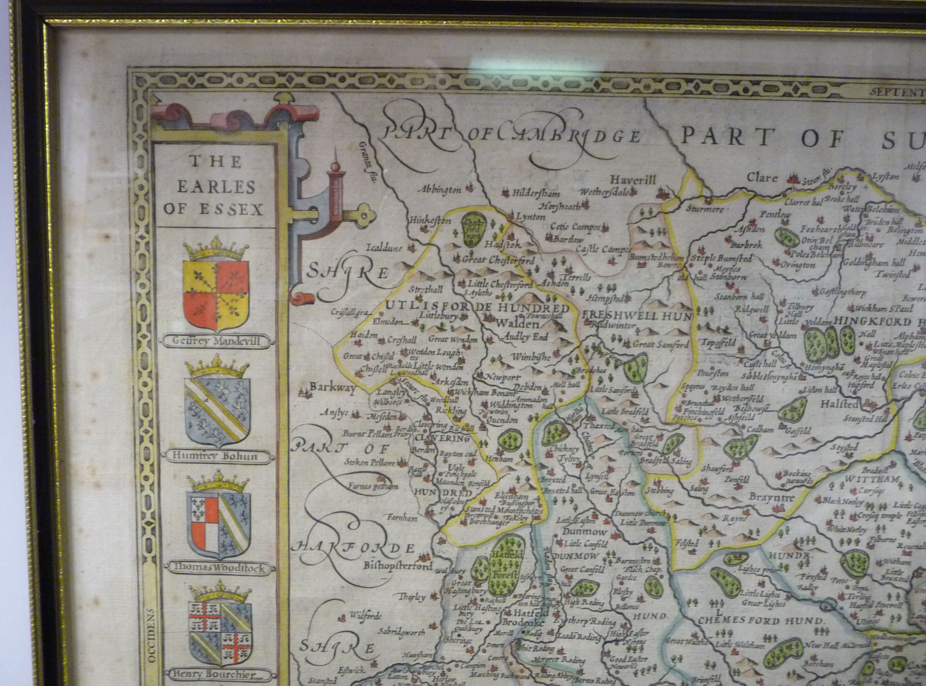 A 17thC John Speed coloured county map 'Essex' incorporating a title cartouche, a scale, - Image 4 of 6