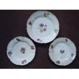 A pair and one late 19thC Meissen floral moulded and ivory glazed porcelain dishes,