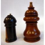 A 19thC treen tower design instantaneous light device with a threaded cap and striker base 2.