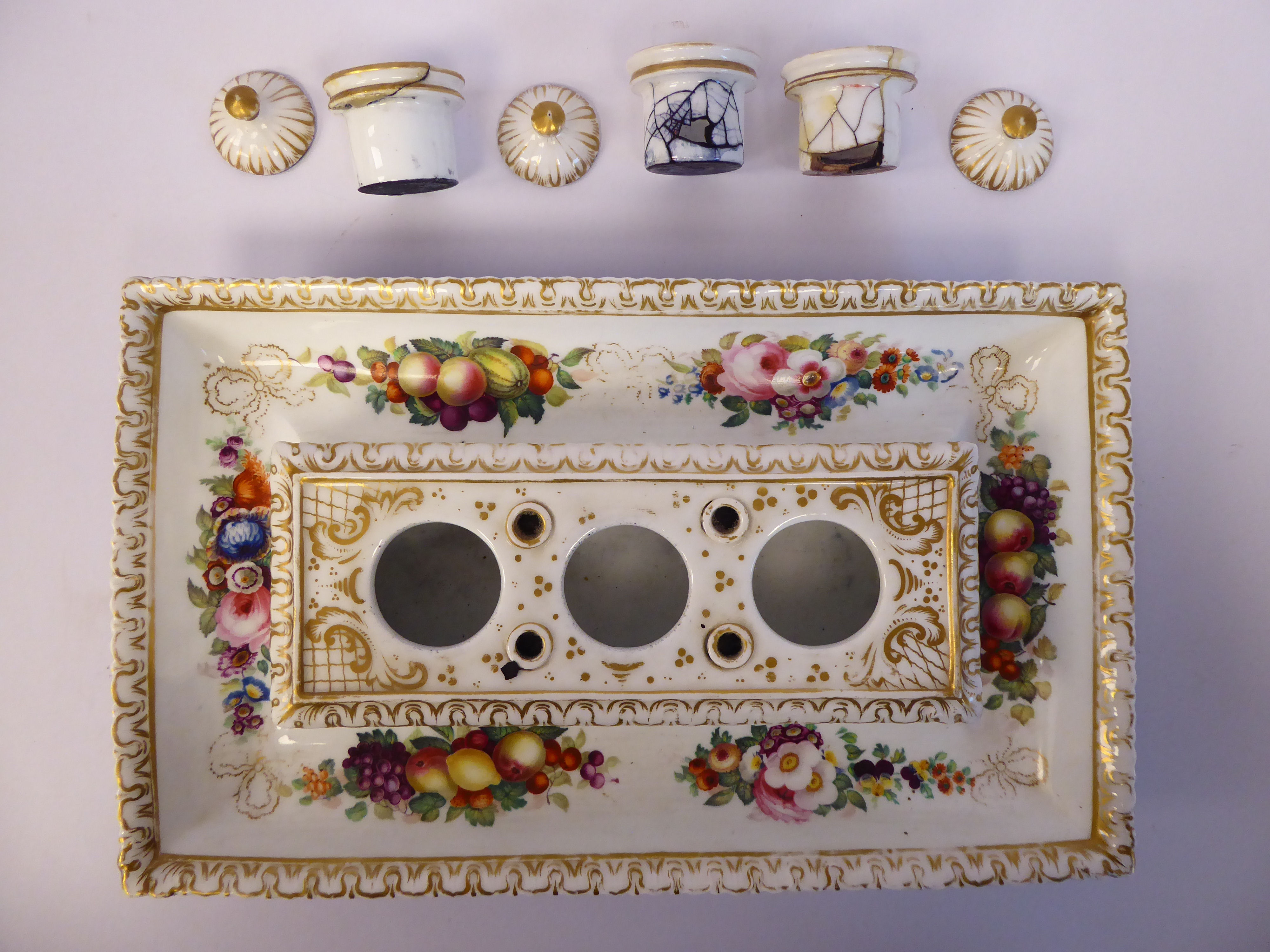 A G Granger Royal China Works Worcester inkstand of tray design, decorated with flora, - Image 8 of 11