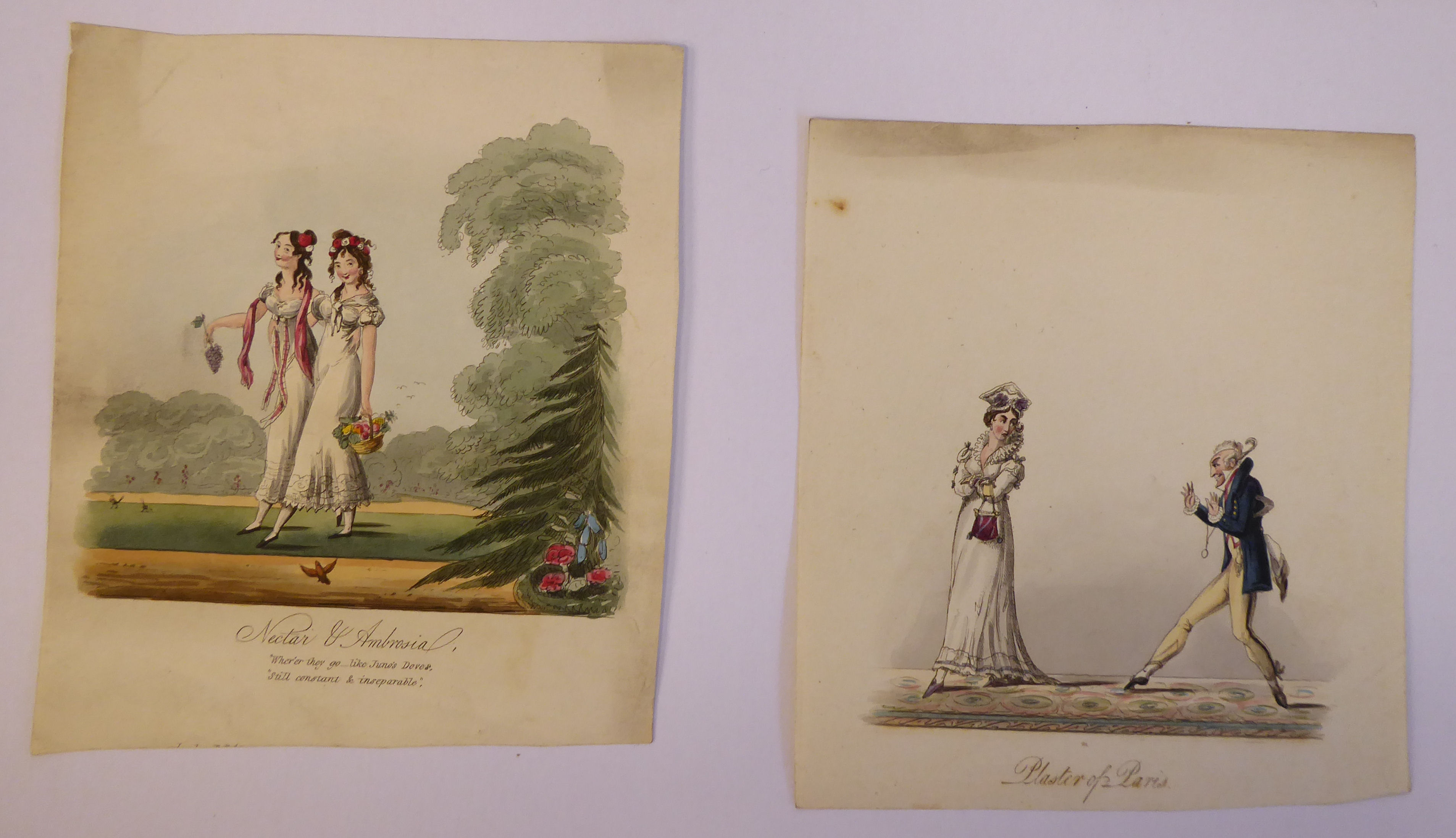 An uncollated folio collection of late 18th/mid 19thC coloured engravings, featuring cartoons, - Image 4 of 8