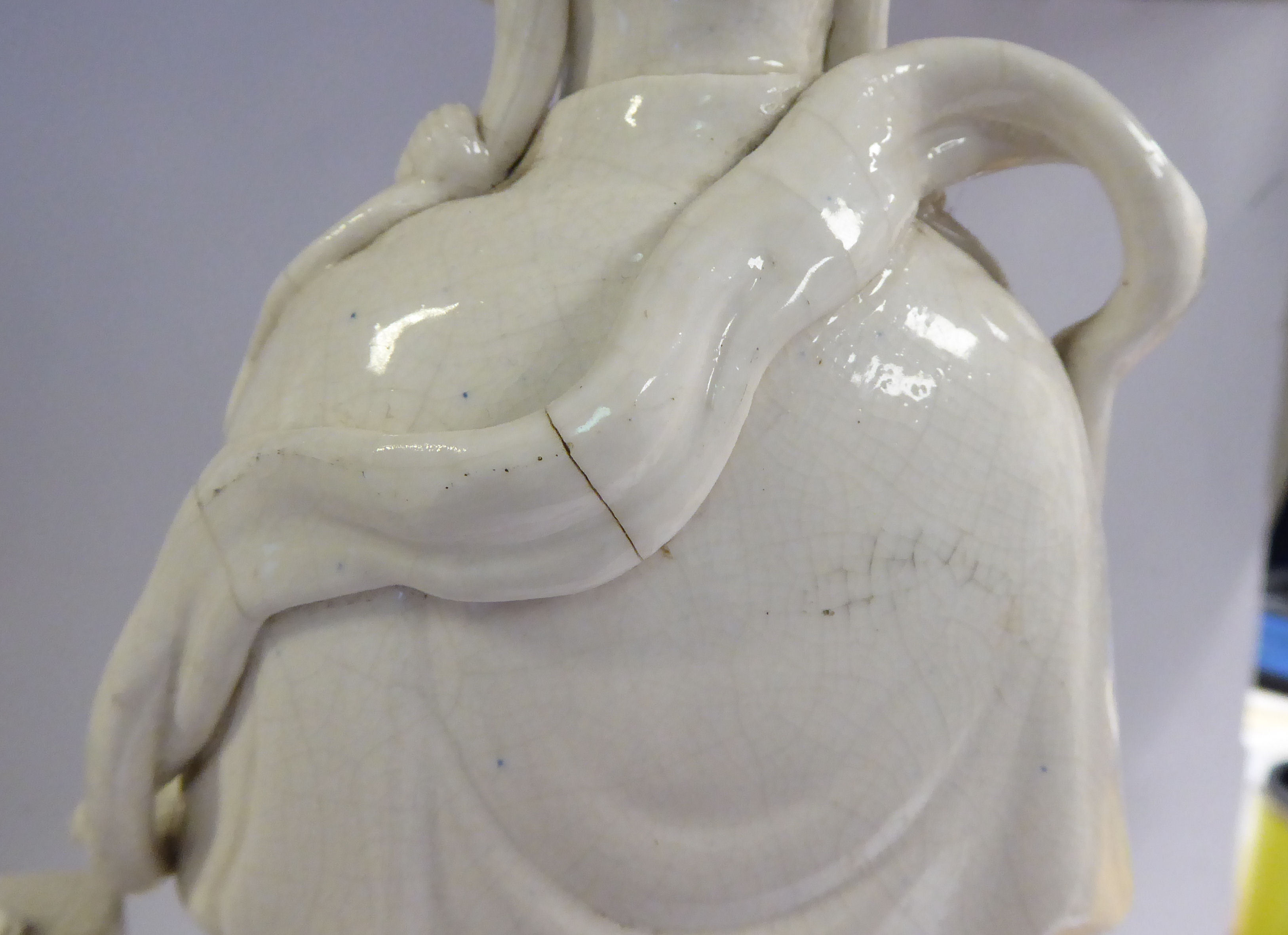 A late 18th/early 19thC Chinese blanc de chine porcelain figure Guan Yin seated, - Image 7 of 10
