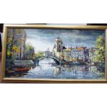 Corbet - a Parisian scene featuring a backwater of the Seine with moored barges and a bridge oil