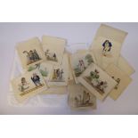 An uncollated folio collection of late 18th/mid 19thC coloured engravings, featuring cartoons,