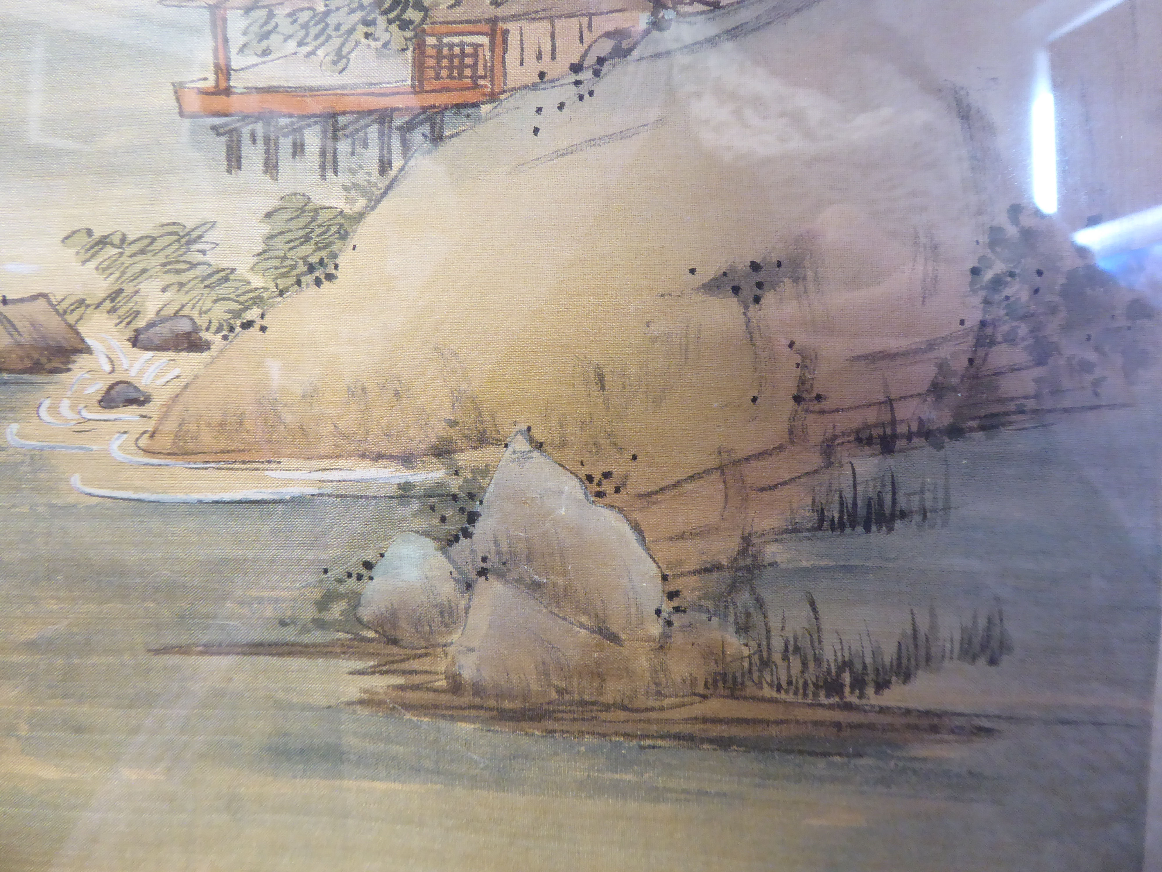 A pair of early 20thC Chinese paintings on silk panels, depicting shoreline scenes with small boats, - Image 4 of 4