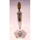 A 1930s silver plated table lamp of slender, hexagonal vase design,