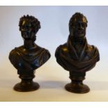 A pair of 19thC cast and patinated bronze busts, a man and a woman,