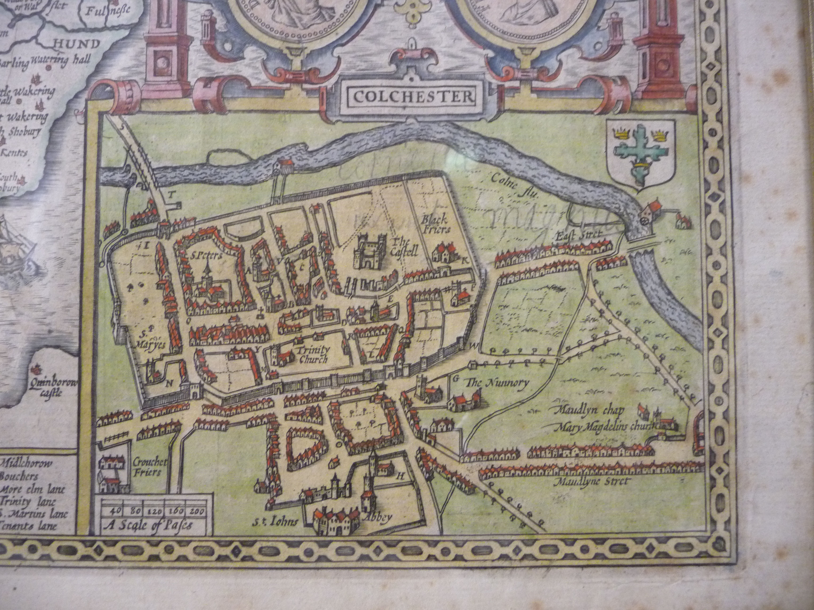 A 17thC John Speed coloured county map 'Essex' incorporating a title cartouche, a scale, - Image 2 of 6