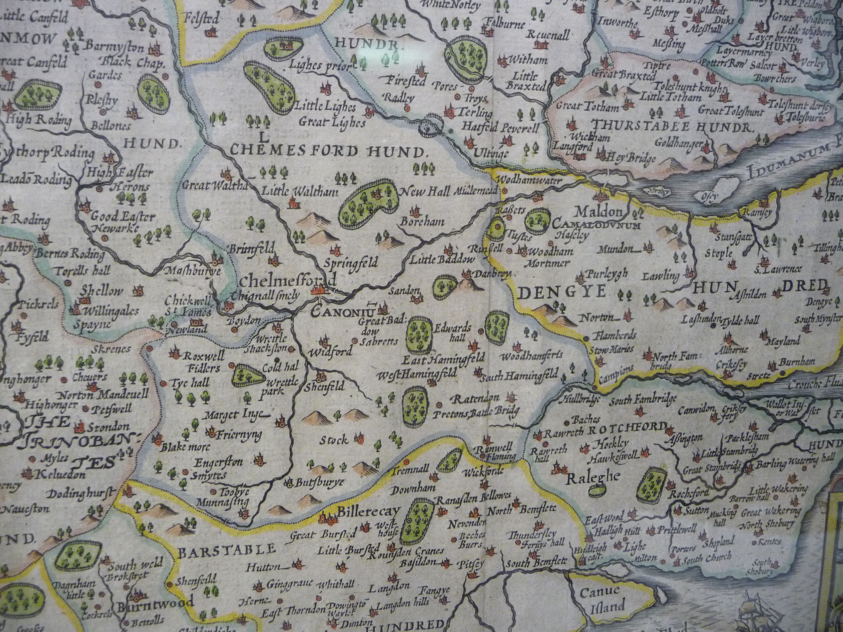 A 17thC John Speed coloured county map 'Essex' incorporating a title cartouche, a scale, - Image 6 of 6