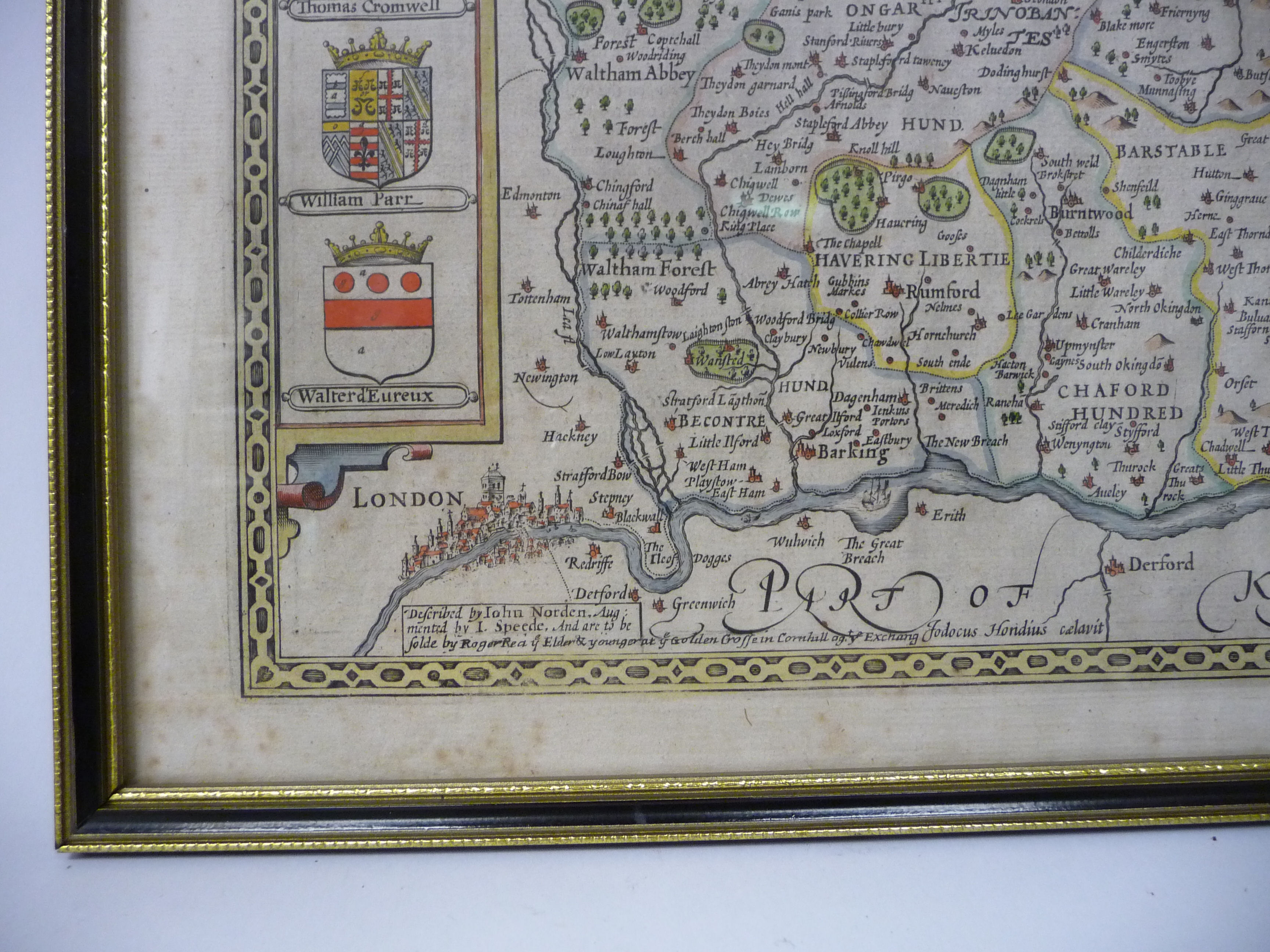 A 17thC John Speed coloured county map 'Essex' incorporating a title cartouche, a scale, - Image 5 of 6