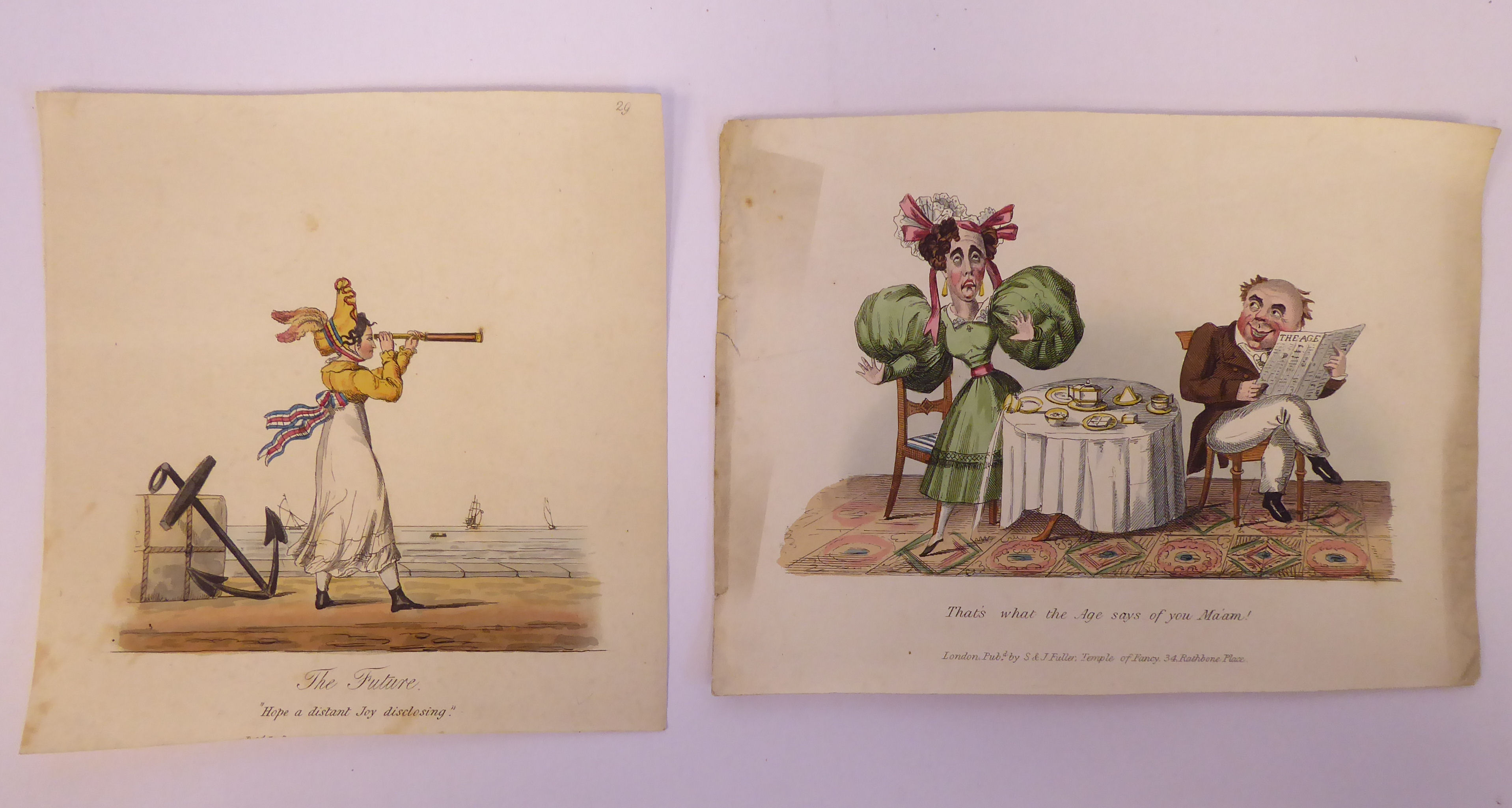 An uncollated folio collection of late 18th/mid 19thC coloured engravings, featuring cartoons, - Image 6 of 8