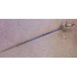 An 18thC Scottish sword with a shield hilt and a hide clad handgrip the broad blade 32''L