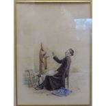 19thC Continental School - a seated priest with an artist's palette and paints,