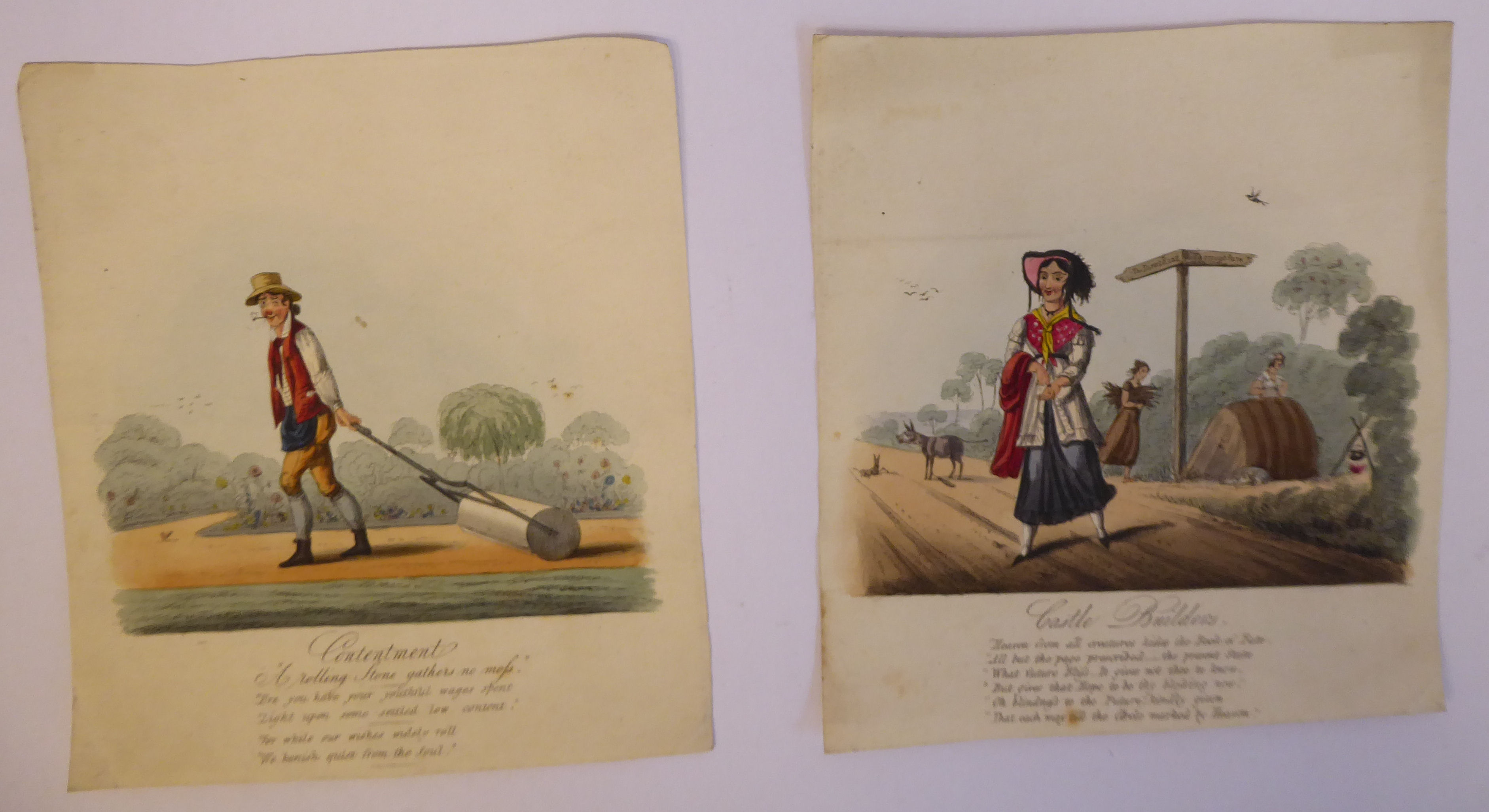 An uncollated folio collection of late 18th/mid 19thC coloured engravings, featuring cartoons, - Image 2 of 8