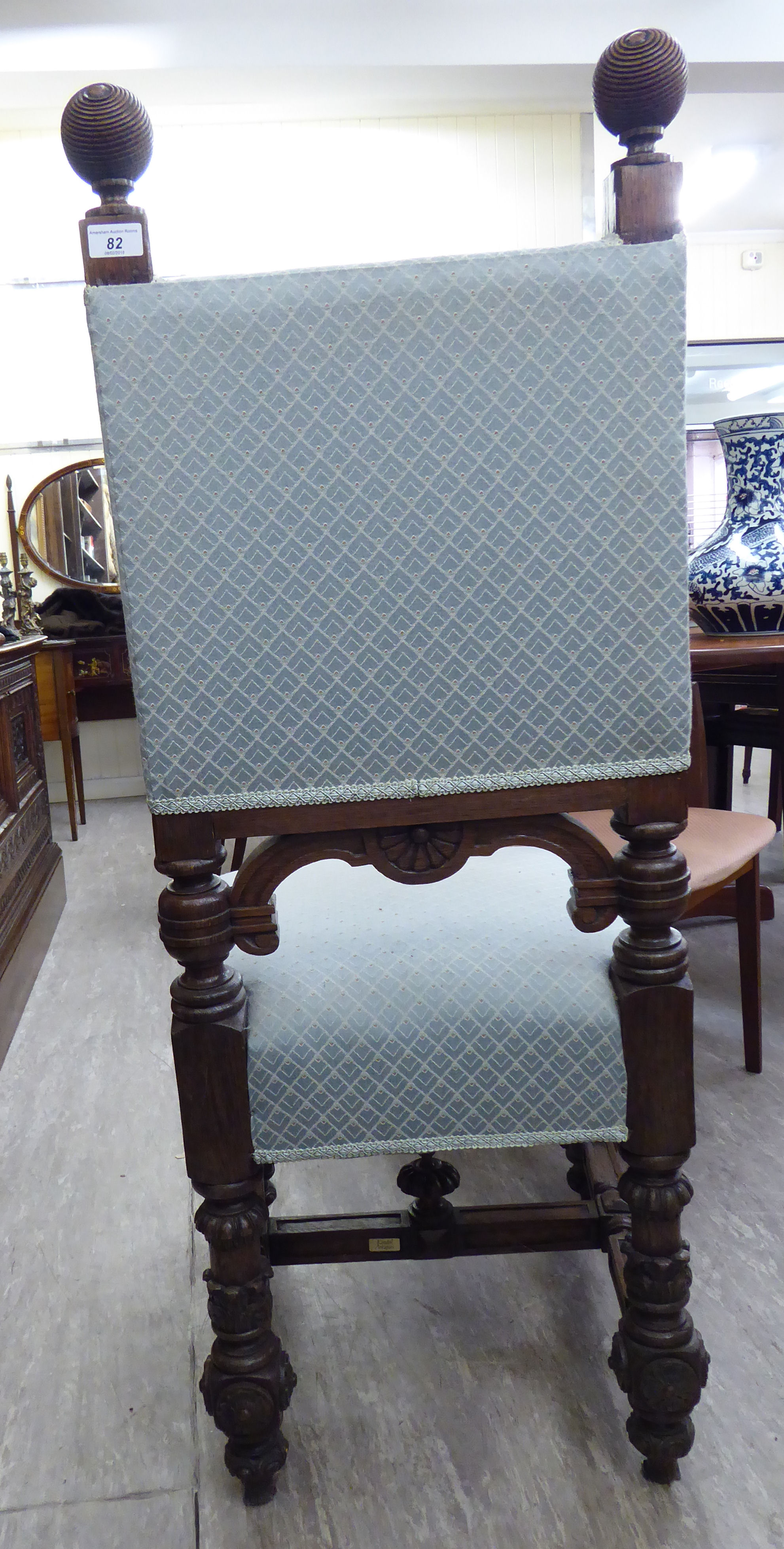 An early 20thC Colonial carved oak showwood framed hall chair, - Image 2 of 2