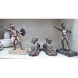 A pair of 20thC cast bronze Sphinx, on plinths 4''h; and a pair of anodised iron figures,