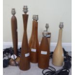 Seven similar (as new) polished and turned wooden table lamps 11''-15''h BSR
