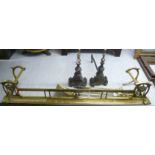 A pair of 19thC style spot-hammered iron and turned brass fire dogs 19''h;