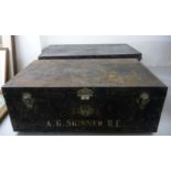 Two early 20thC black painted steel deed boxes with hinged lids 10''h 30''w & 11''h 33''w;