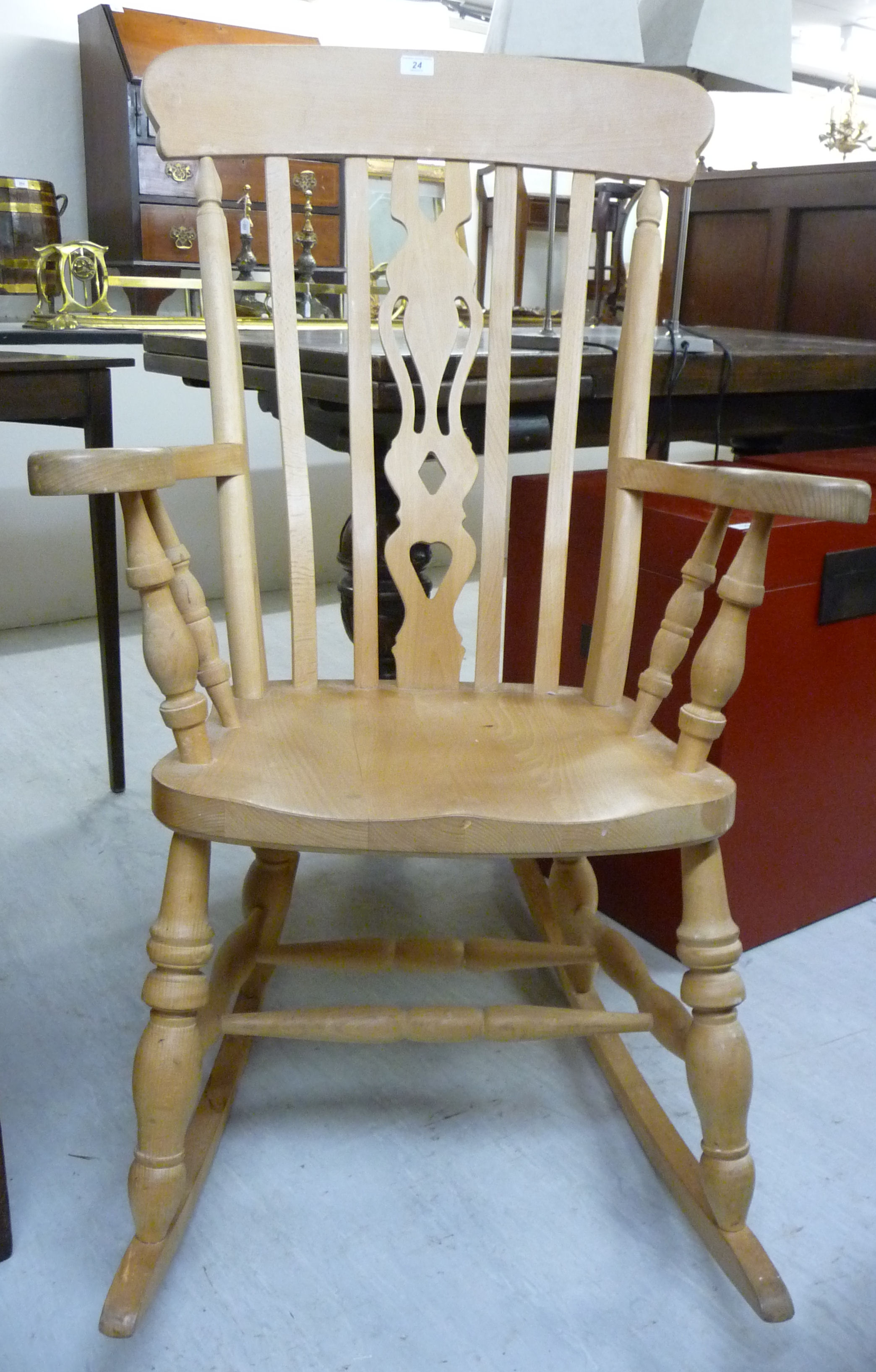 A modern bleached beech framed Windsor rocking grandfather chair with a high lath back, - Image 2 of 2