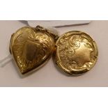 Two dissimilar gold coloured metal lockets, one heart shaped,