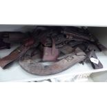 Early 20thC military and other stitched hide straps and holsters CA