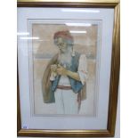 C Dab*** - a three-quarters length study peasant wearing a beret and lighting his pipe watercolour