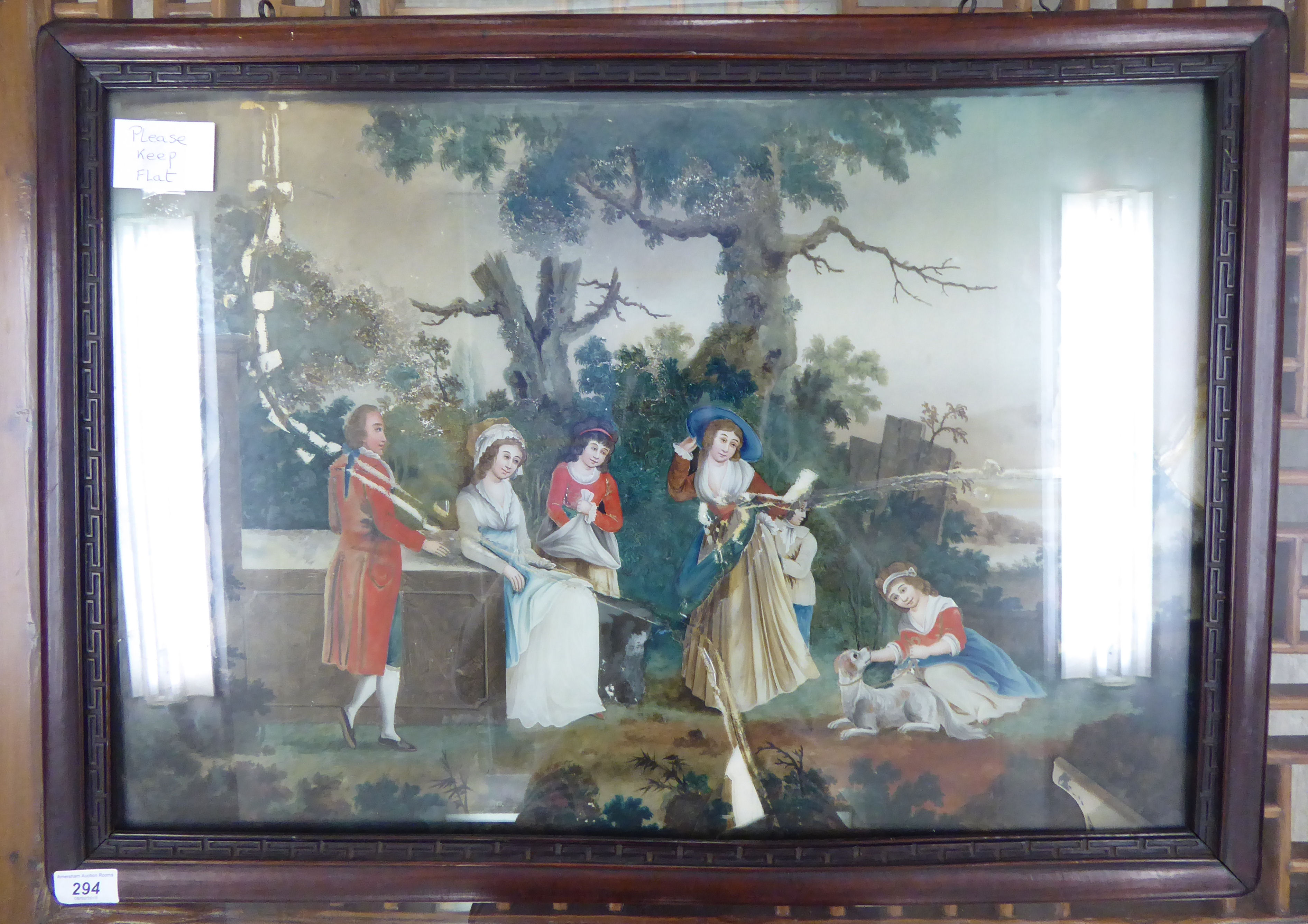 A stylised study of 18thC figures in a garden,