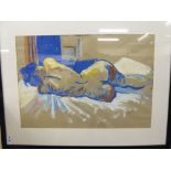 C Joy Flesschmann - 'Blue Rhapsody' a reclining nude oil on paper bears a signature 21'' x 31''