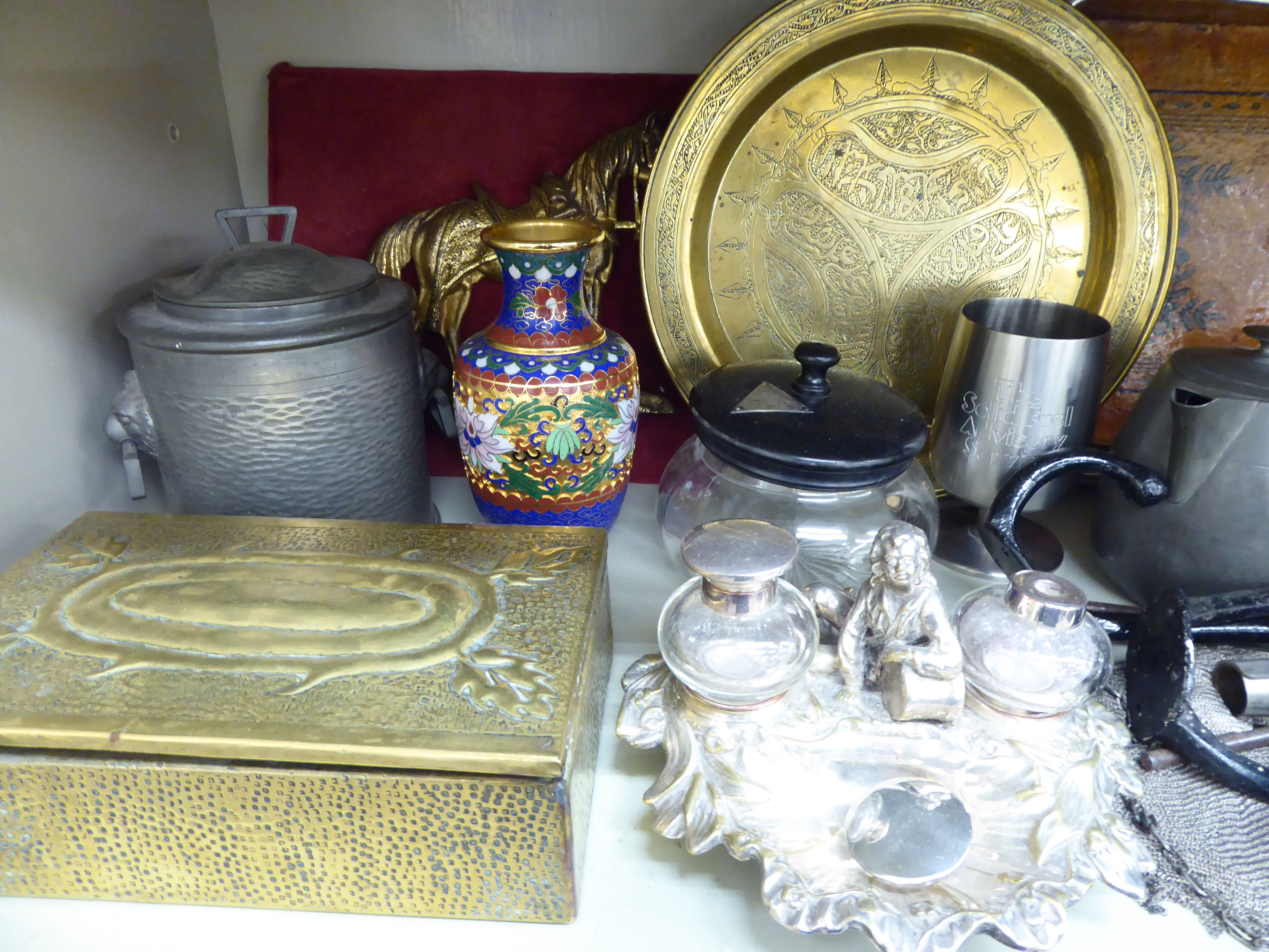 A mixed lot: to include a cast silver plated deskstand, surmounted by a young boy leaning on a drum, - Image 2 of 2