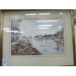 M Parker - a riverscape with a substantial country house in the distance watercolour bears a